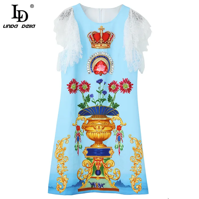 

LD LINDA DELLA 2021 Fashion Designer Summer Dress Women Lace Short sleeve Beading Vintage Sequined Print Ladies Loose Mini Dress