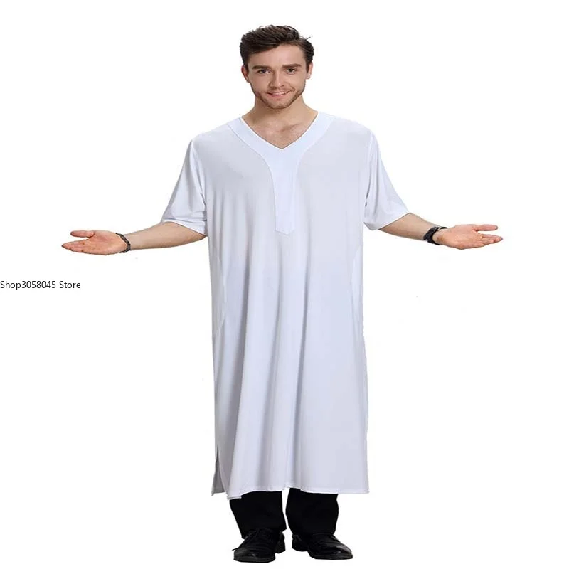 Muslim Clothing Men Short Sleeve V-Neck Robe White Gray Fashion Islamic Thobe Kaftan Jubba