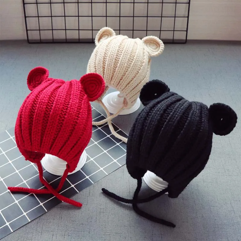

Baby Red Pom Poms Plush Hat Knitting Wool Bear Rabbit Ear Solid Caolor Hat Winter Warmer Ear Colorful Hats Girls Bebes Accesorio