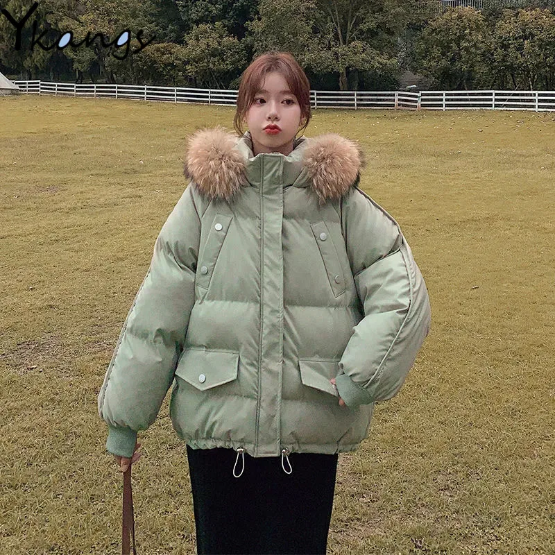 

Y2k Solid Color Thickening Women's Winter Jacket Korean Fashion Printing Parkas 2021 Outdoor Leisure Loose Hooded Long Sleeve