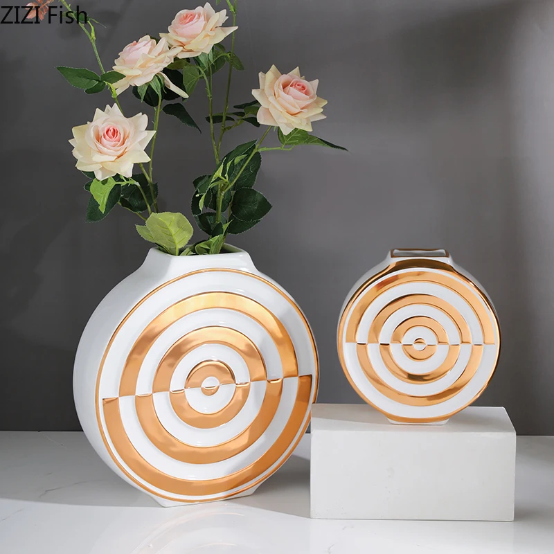 

Golden Light Luxury European Round Flat Ceramic Vase Living Room Desktop Entrance Decoration Flower Arrangement Flower Vase Home