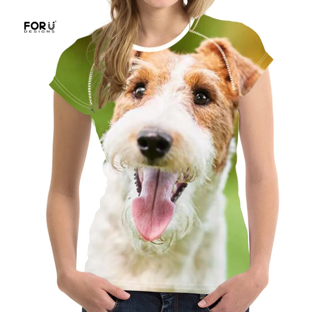 

FORUDESIGNS Cute Animal Wire Terrier Pattern Short Sleeve Women T Shirt Summer Casual Elastic Dog Design Tosp for Teen Girls