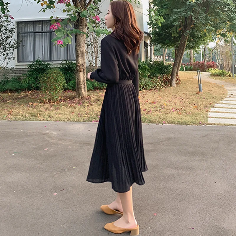 Женское винтажное однобортное платье-трапеция с бантом на шее поясом и высокой