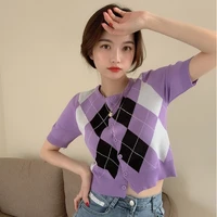 sweaters women vintage argyle sweater cardigan woman summer thin knit short sleeve o neck outerwear knitted ladies clothes tops