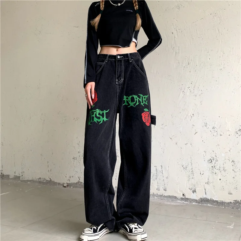 

Jeans Pants Women's Autumn High Waist Black Rose Embroidery Straight Jeans Versatile Loose Thin And Wide Leg Pants