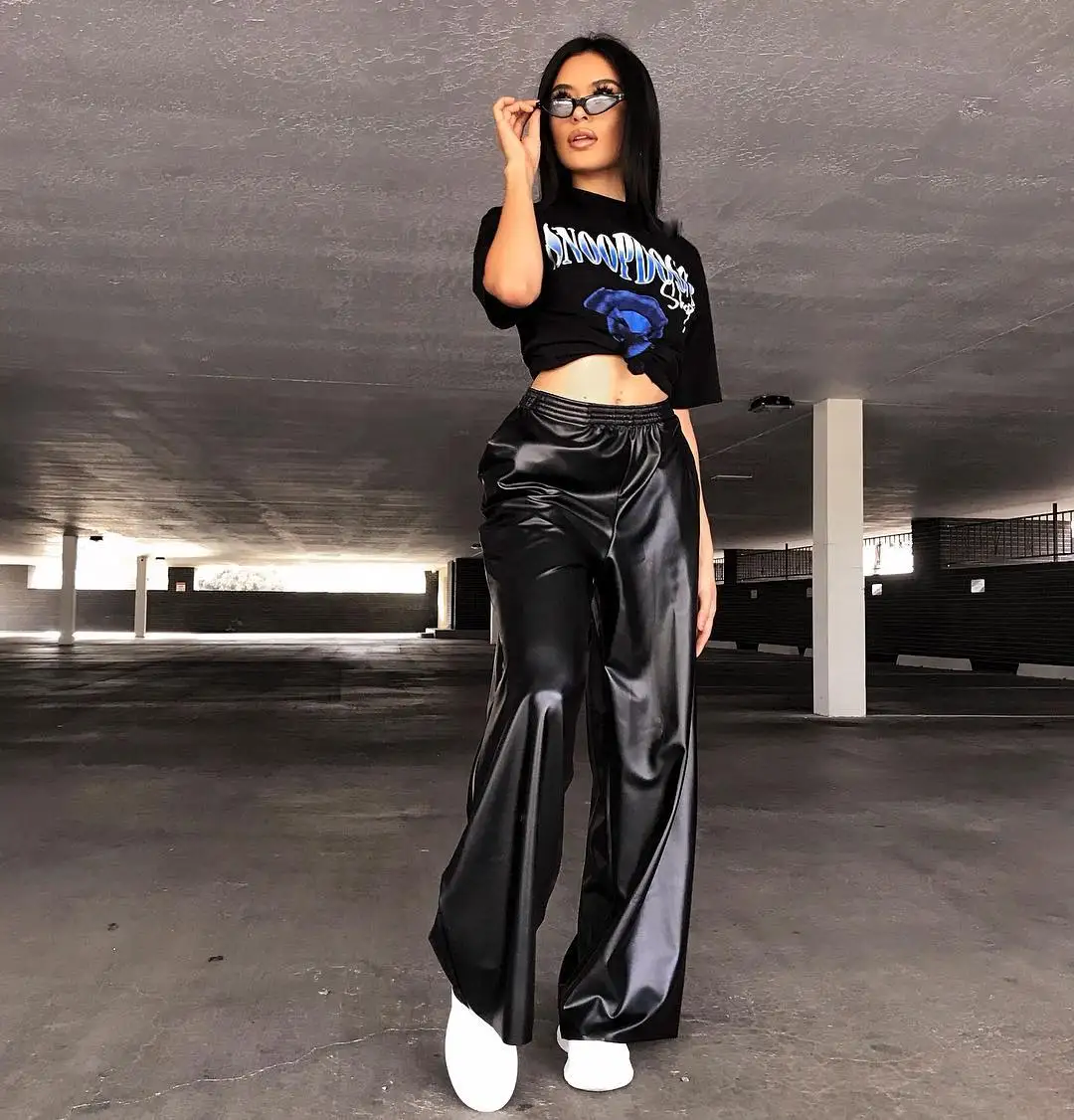 Новинка осени 2019 женские свободные повседневные брюки из искусственной кожи с