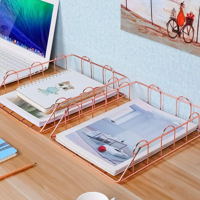 

1 Set Of 2 Office Supplies Metal Stackable File Doent Letter Tray Organizer, Rose Gold