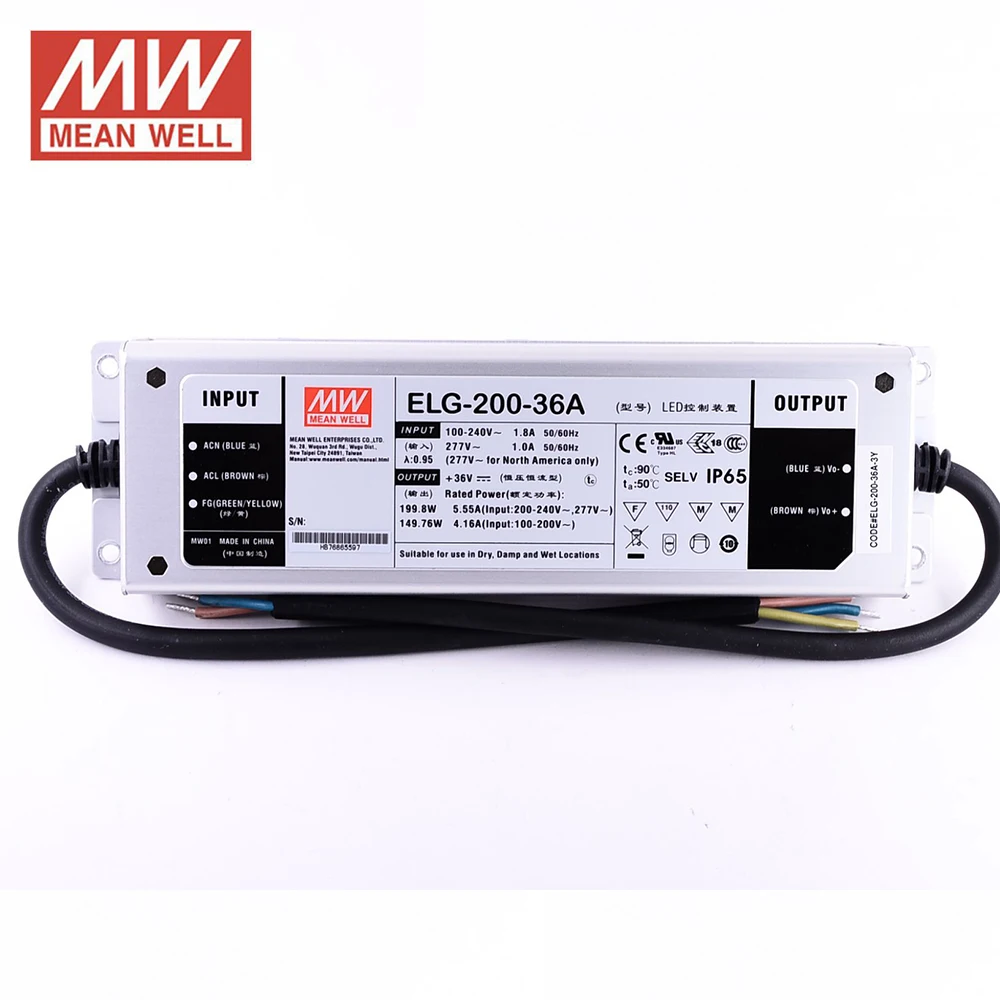 Оригинальный источник питания MEAN WELL ELG 200 36A 3y 200W 36V 5.55A IP65 Meanwell регулируемый