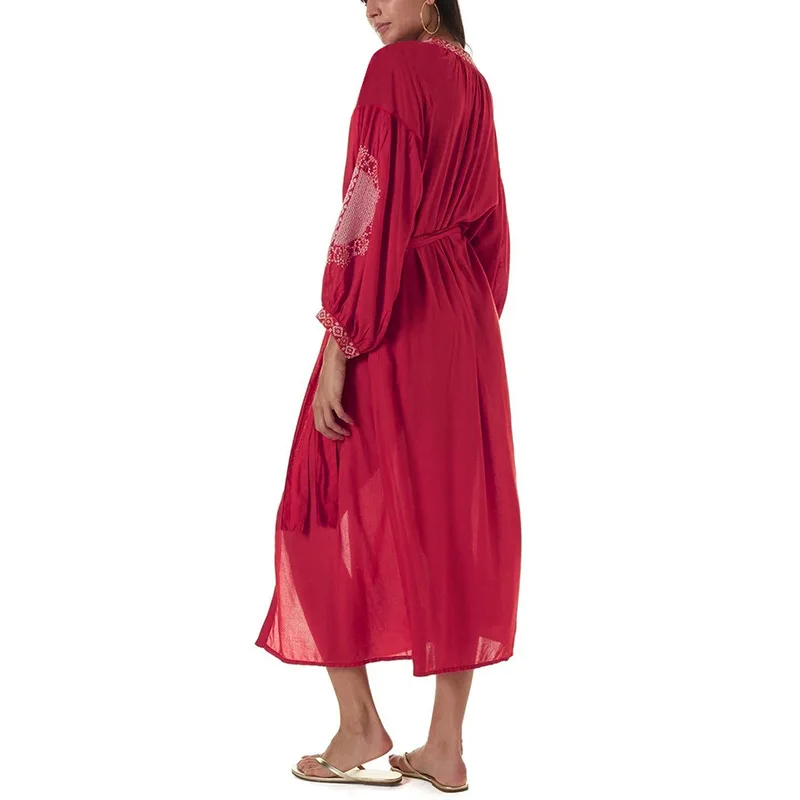 Женское винтажное пляжное платье TEELYNN красное Хлопковое с цветочной вышивкой и