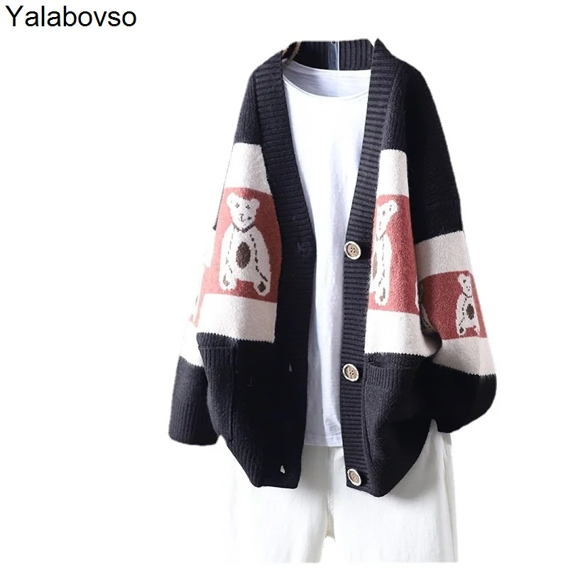 

Трикотажный кардиган с V-образным вырезом и длинными рукавами, Новинка осени 2021, свободный жаккардовый однобортный женский винтажный свите...