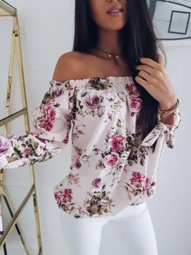 

New Hot Women Elegant Casual Loose Tops Ladies Tee Printed Shirts Plus Size Fashion Sexy Off Shoulder Blouse Shirts