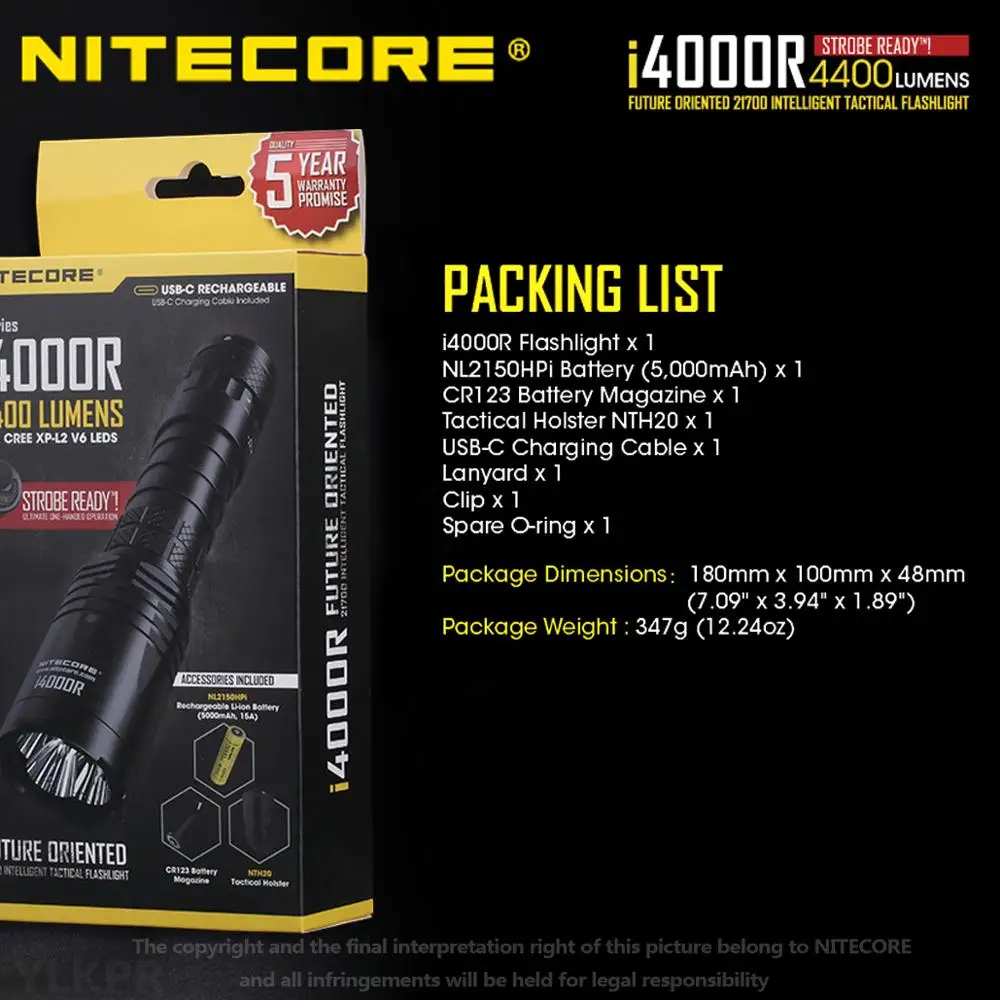 Инновационный фонарик NITECORE I4000R 4400 люмен оснащенный батареей большой емкости 21700