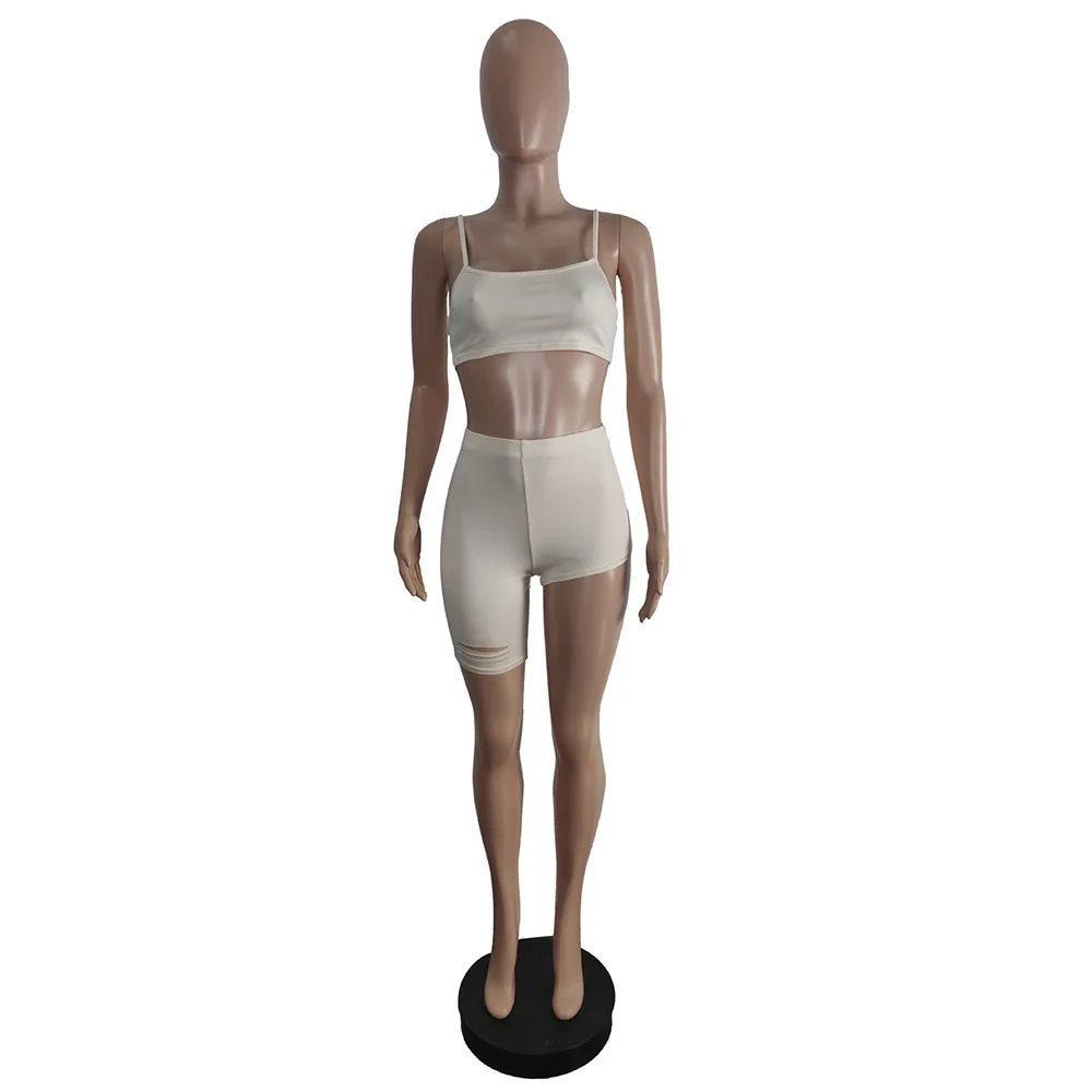 

Active Sportswear 2 Piece Matching Set Summer Outfit for Women Spaghetti Strap Crop Top Hole Irregular Biker Short Matching Set