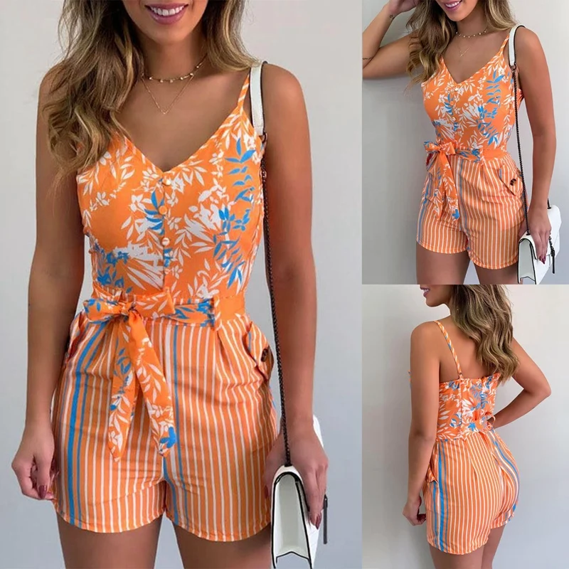 

Women's V-Neck Sling Fashion Leaf Print Bandage Jumpsuit Yellow
