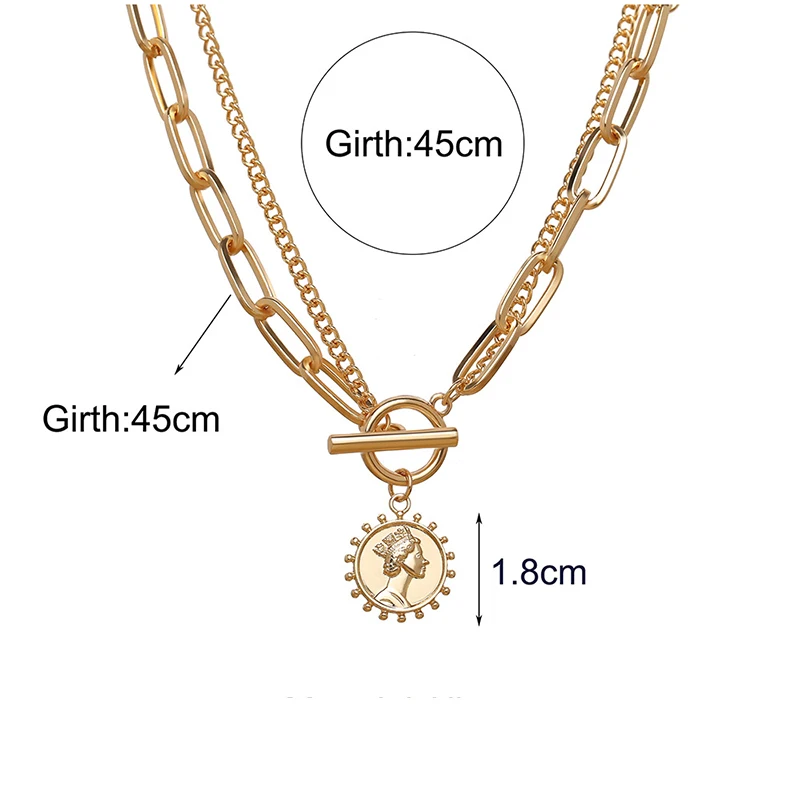 

Punk Gold Portrait Coin Pendant Necklace For Women Cuban Multilayered Chunky Thick Chain Choker Necklaces Gothtic Jewelry