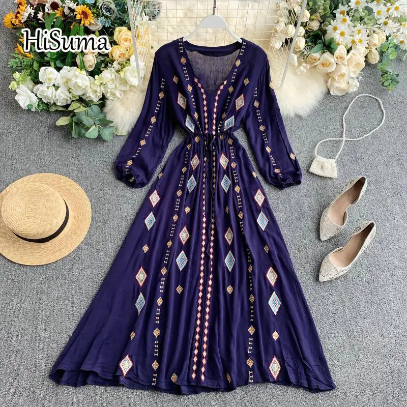 Женское платье трапеция из хлопка и льна с V образным вырезом вышивкой для