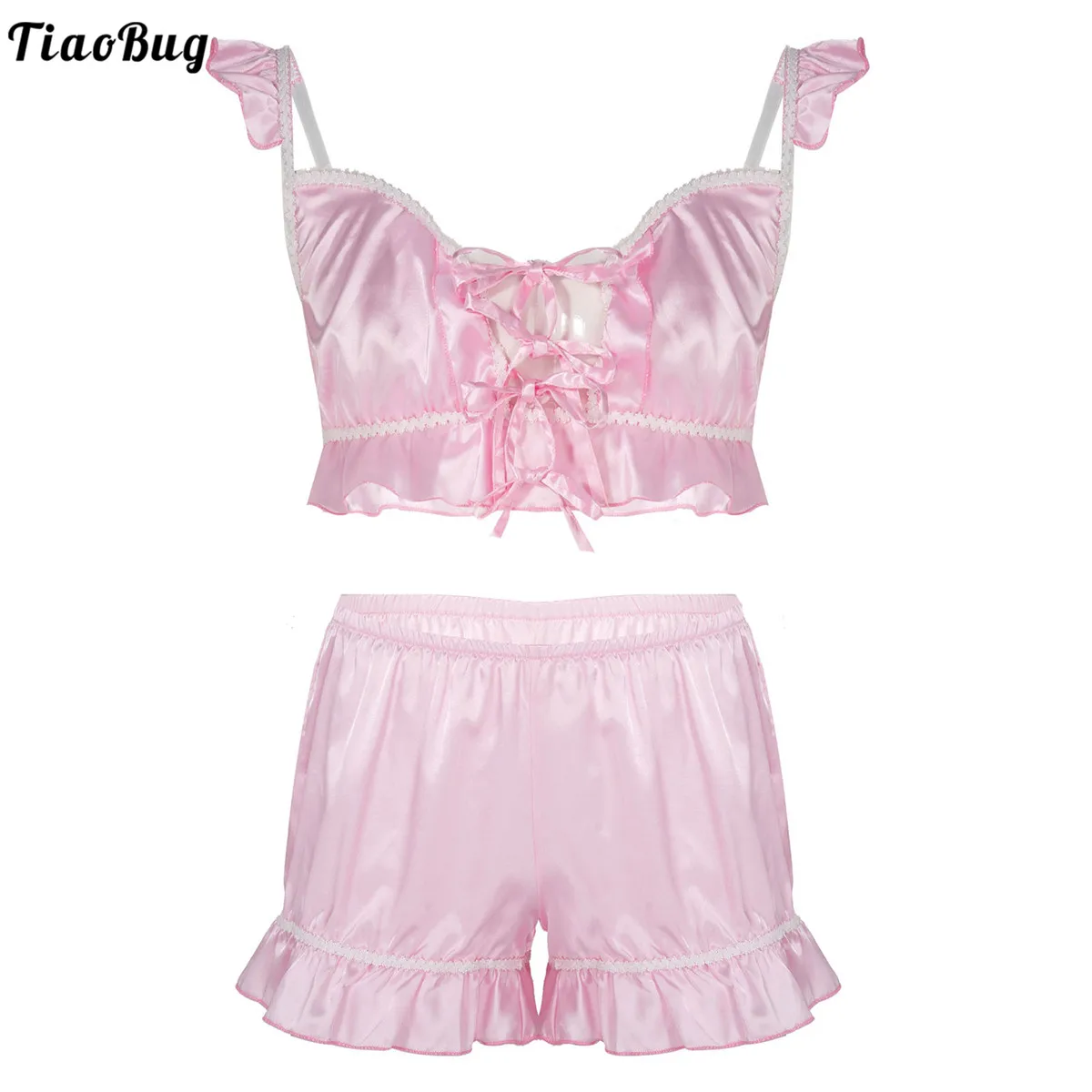 

TiaoBug Men Satin Lingerie Set Pajama Set Sissy Gay Nightwear Sleepwear Lace-Up Front Ruffled Bra Tops With Shorts