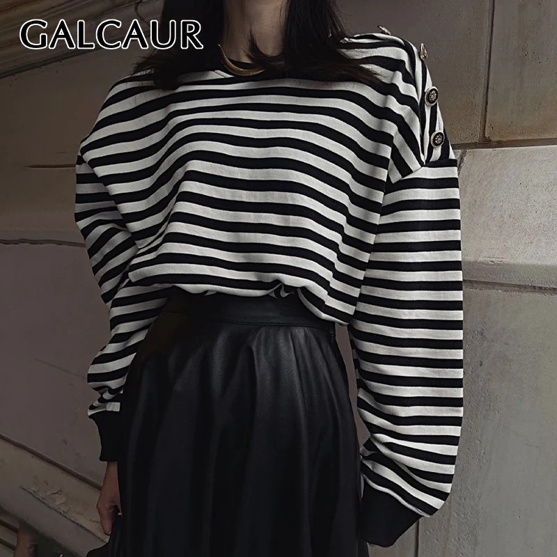 

GALCAUR Striped Colorblock T Shirt For Women Round Collar Long Sleeve Straight Knitted T Shirts Female Korean Fashion Clothing