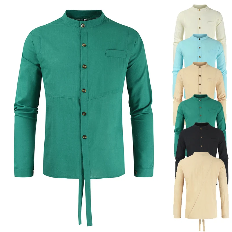 

2021 new men's stand-up collar cotton and linen youth trend casual loose long-sleeved shirt