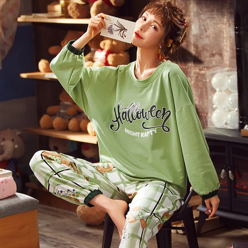 

Spring full pure cotton pajamas suit women lovely print home clothing for Ladies long sleeve o-neck lounge wear pijamas mujer