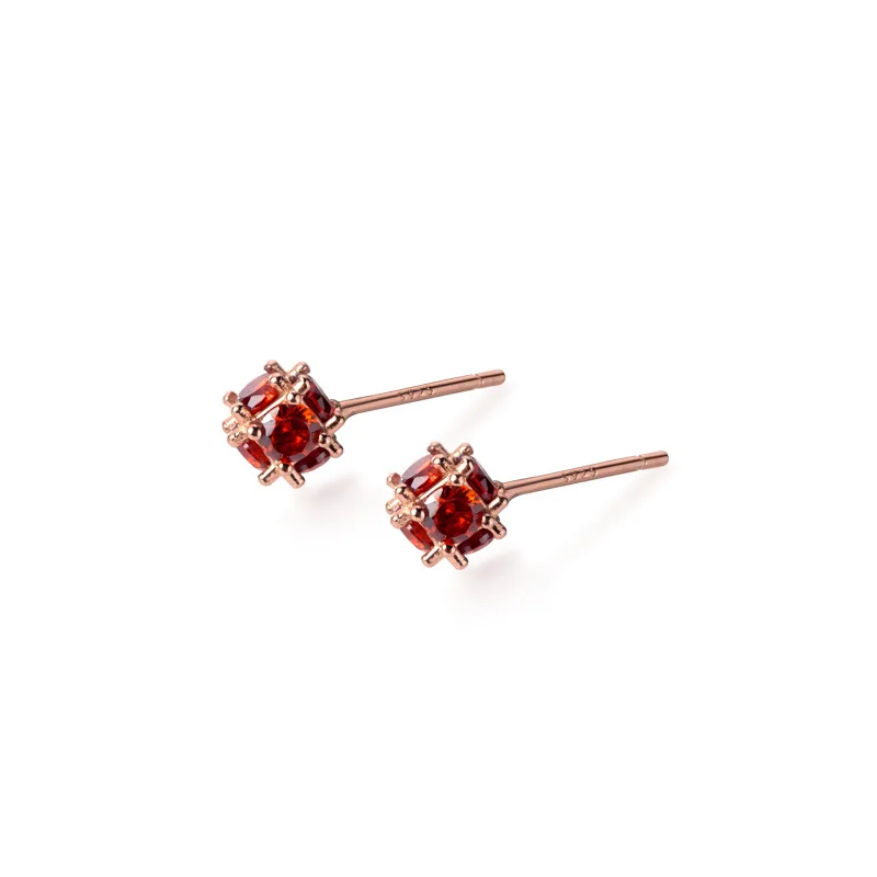 

925 Sterling Silver Rose Gold Geometric Red Crystal Square Stud Earrings For Women Girls Teen Fashion Jewelry Gift