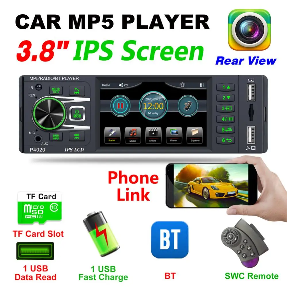 4020 12 в 3 8 дюймовый IPS емкостный 1080P Стерео MP3 / MP4 Радио FM MP5 видеоплееры с поддержкой