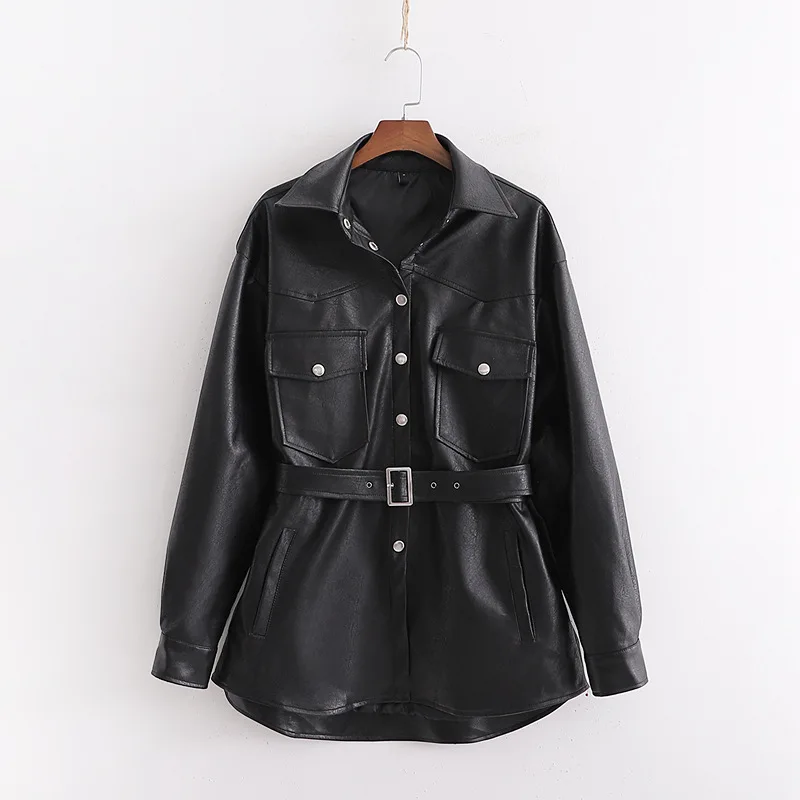 

Women's Faux Leather Coats Lapel Single-Breasted Waistband Jacket Mid-Length PU Leather Jackets Autumn Winter Coat Black Top