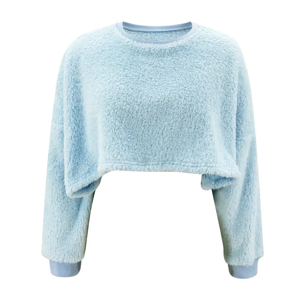 

Women Warm Comfortable Plush Short Hoodies O-Neck Long Sleeve Casual Loose Sexy Blue Top 2021 Female Clothing