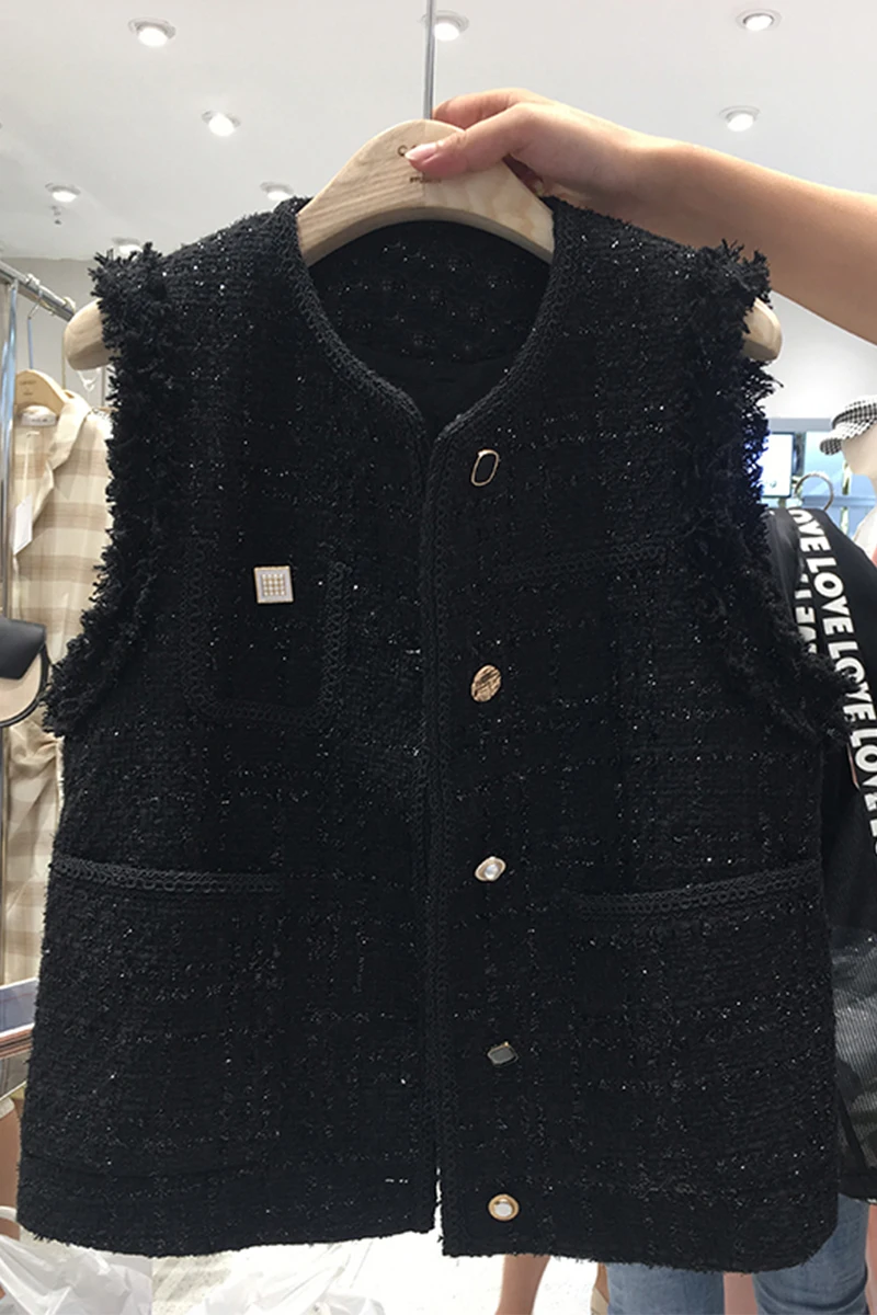 

2021 Spring Women Fashion New Slimming Sleeveless Black Vest Lady Clothing Metal Buckle Loose Tweed Waistcoat Jacket