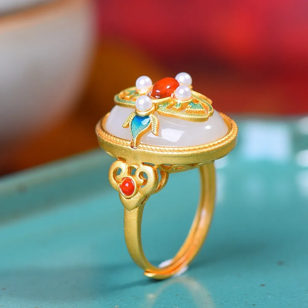 

Retro Palace Style S925 Silver Gold-Plated Inlaid Natural Hetian Jade Pearl Southern Red Agate Cloisonne Craft Open Ring