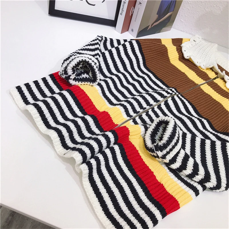 

Vintage Contrast Striped Zippers Cardigan Women Knitted Sweater Multi-Color Single Breasted Female Pokets Coat O-Neck Top Retro