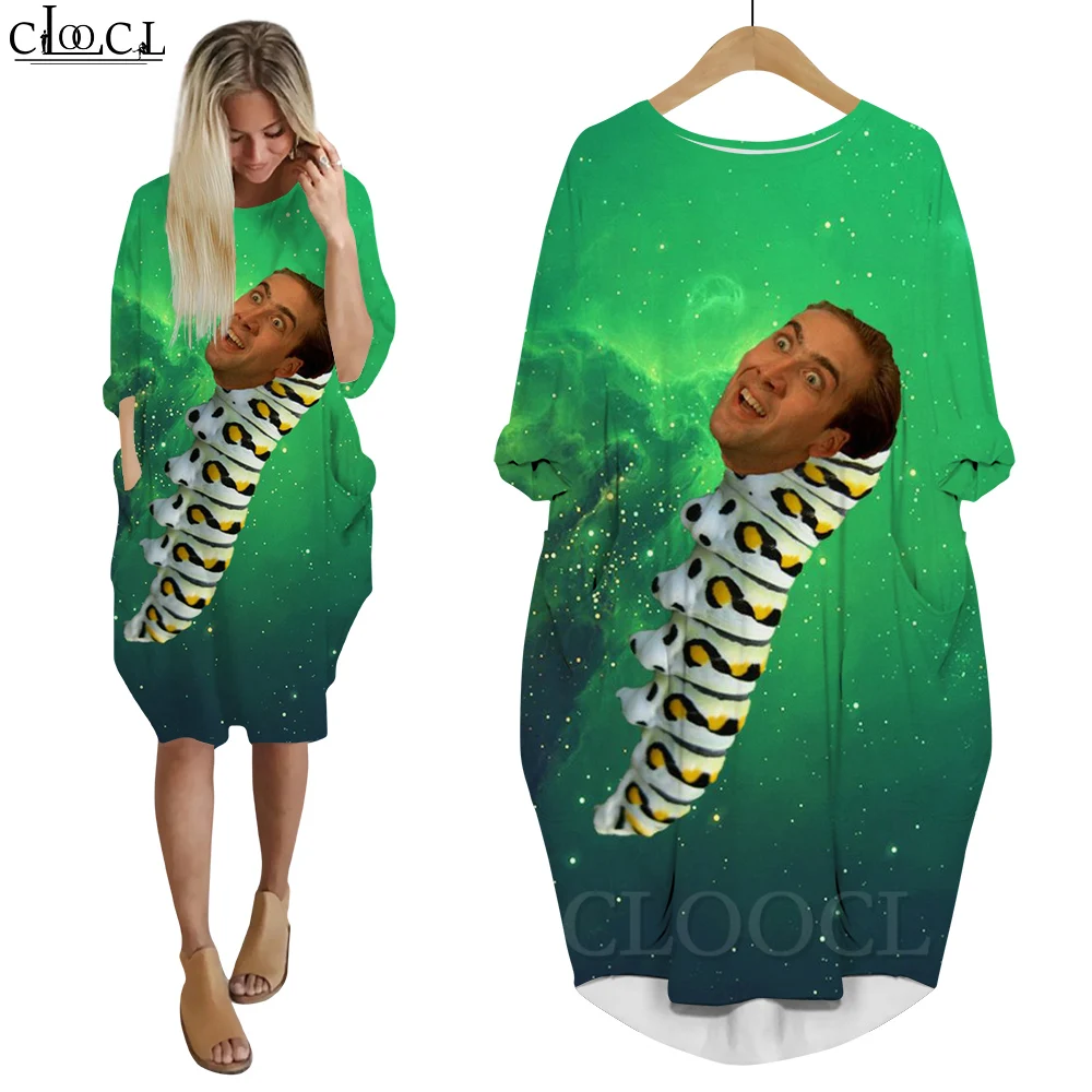 

CLOOCL Women Dress Funny Actor Nicolas Cage Stare At You 3D Loose Daughter Dresses Long Sleeve Casual Streetwear Pocket Dress