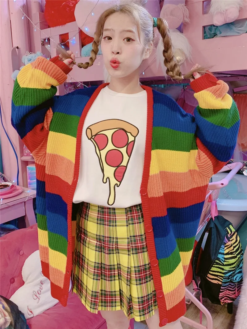 Вязаный женский кардиган осень и зима KPOP Радужная одежда с полосками Женский Свободный Повседневный длинный свитер куртка пальто L0162