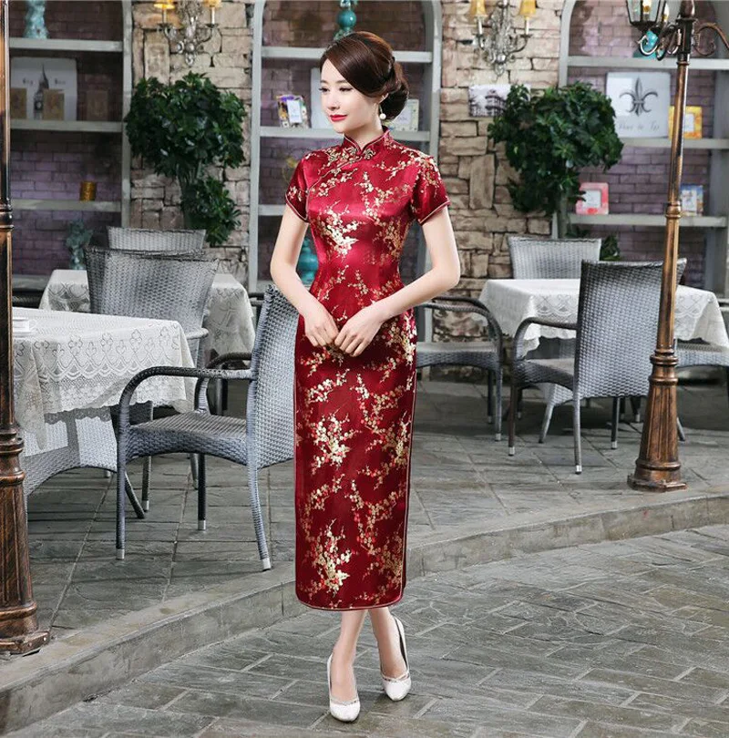 Бордовое женское длинное Ципао китайское стильное платье с воротником стойкой