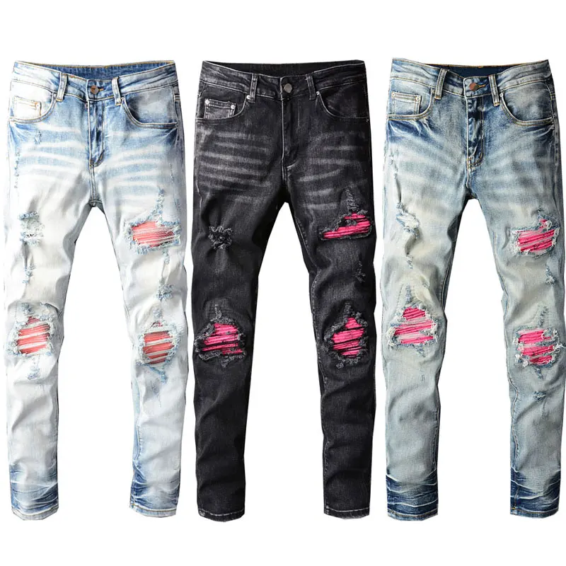 American Street Fashion Men Jeans Retro Elastic Slim Fit Destroyed Ripped Jeans Men Patches Designer Hip Hop Denim Hole Pants