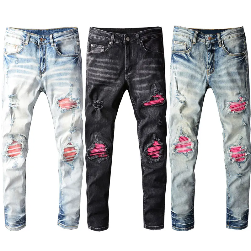 

American Street Fashion Men Jeans Retro Elastic Slim Fit Destroyed Ripped Jeans Men Patches Designer Hip Hop Denim Hole Pants
