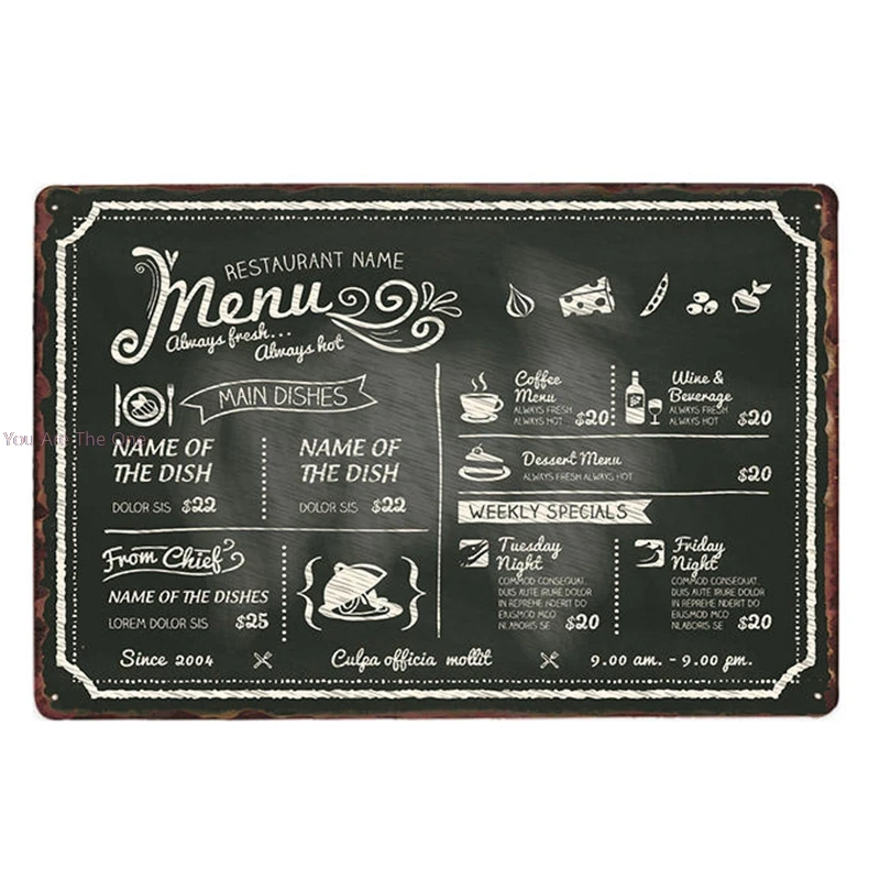 Потертая стена металлические жестяные знаки меню ресторана классические