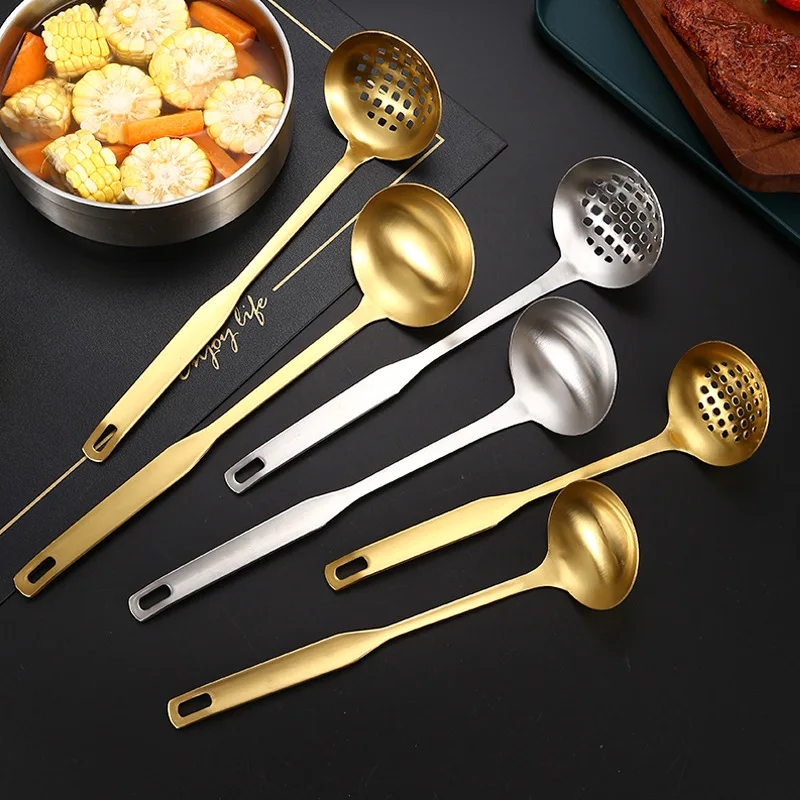 

Silver Kitchen Soup Ladle Colander Stainless Steel Tableware Long Handle Hot Pot Tablespoons Food Serving Spoon Cooking Utensils