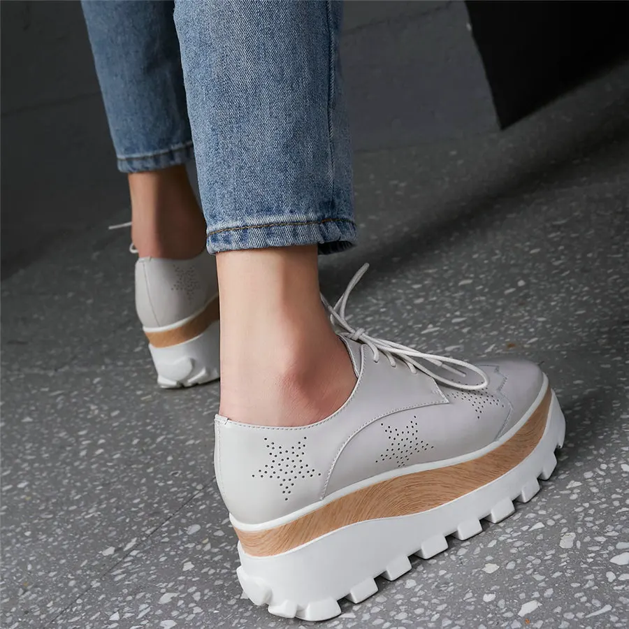 

Breathable Fashion Sneakers Women Genuine Leather Wedges High Heel Ankle Boots Female Lace Up Square Toe Platform Pumps Shoes