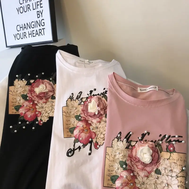 

New European and American pin bead sequin printed short sleeve T-shirt in spring and summer of 2021
