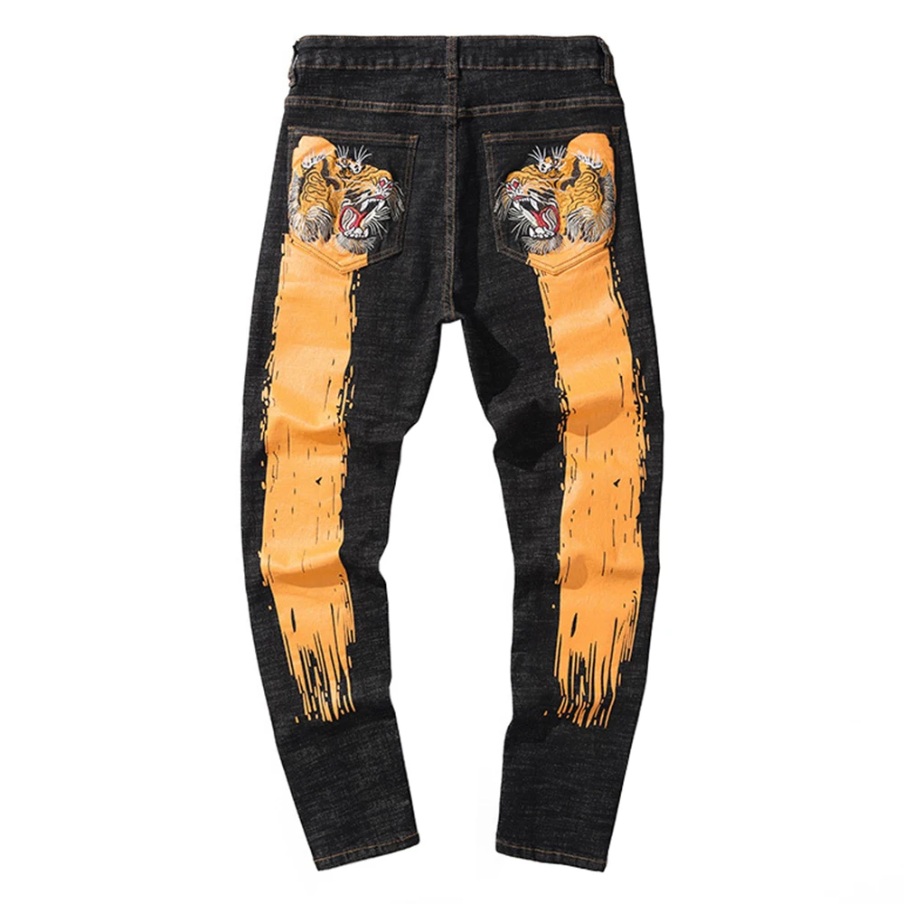 

Men's Tiger Embroidery Jeans Streetwear Painted Slim Pencil Denim Pants Trendy Black Trousers