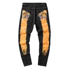 Мужские джинсы с вышивкой тигра, уличная одежда, узкие джинсовые брюки-карандаш, трендовые черные брюки