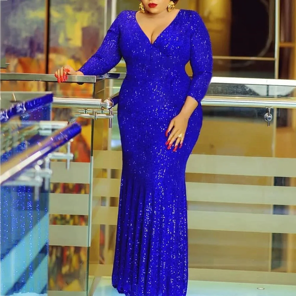 Вечерние платья размера плюс синие африканские вечерние длинные с блестками