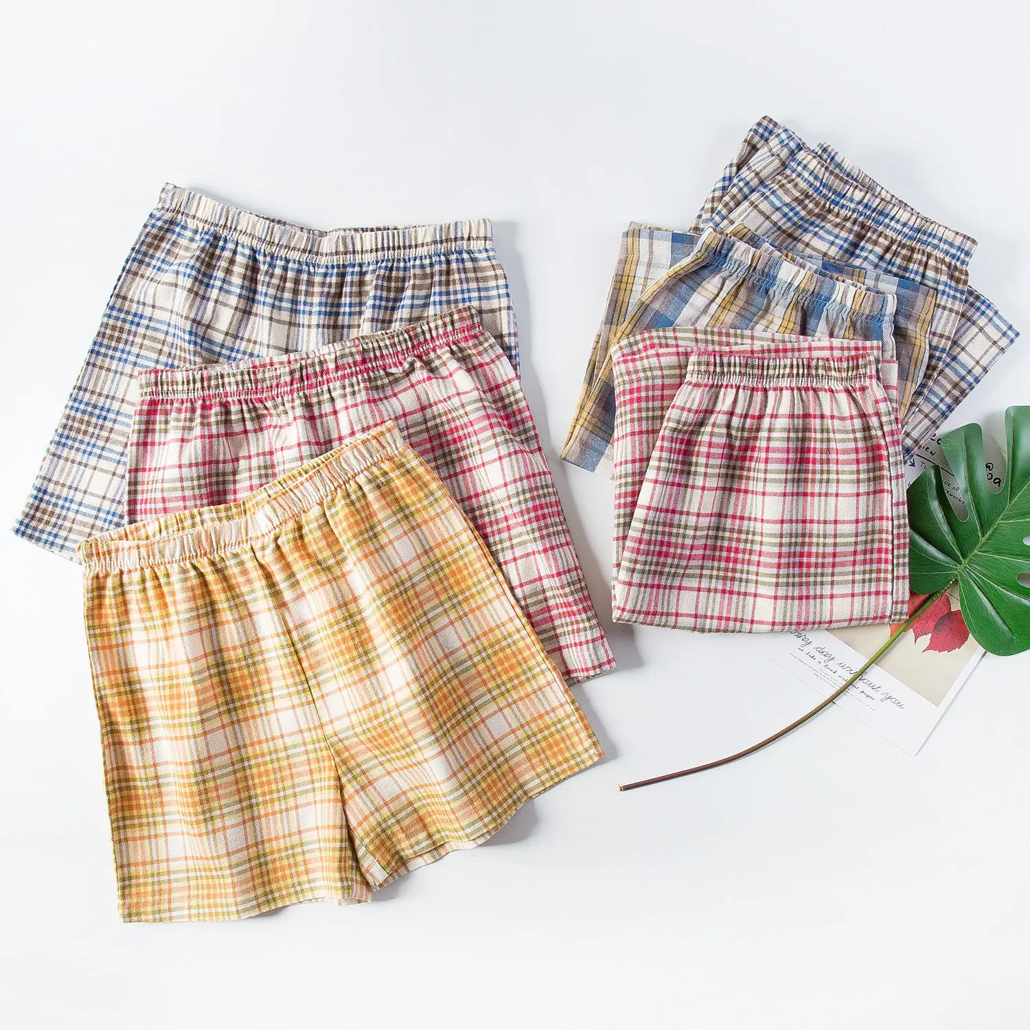 

Летние женские брюки, клетчатая Пижама с шортами, хлопковые легкие брюки, мягкая широкая модная одежда из муслина 2021 для сна, нижняя одежда д...