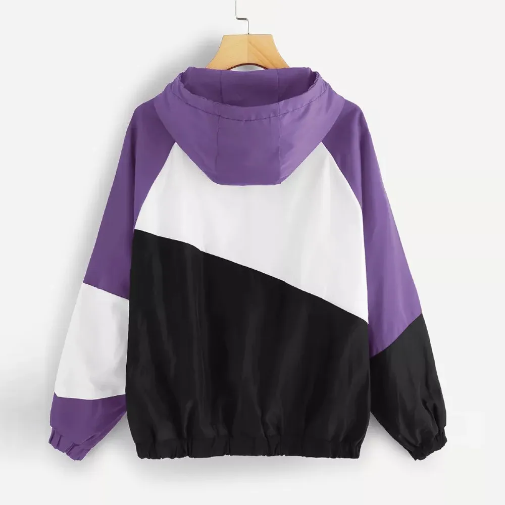Women Hooded Zipper Casual Sport Coat Long Sleeve Patchwork Thin Skinsuits Lightweight and non-elastic fabric ariana grande | Женская