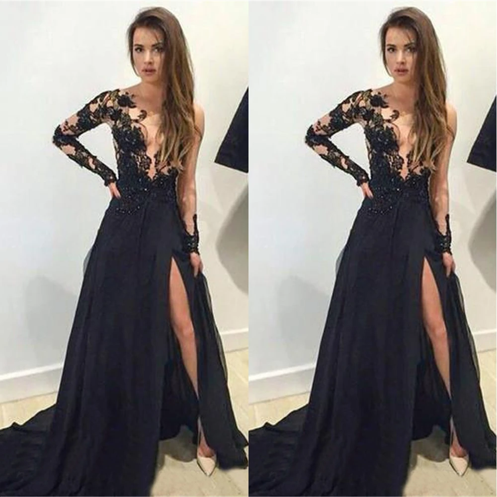 

Sexy Split Evening Prom Party Dress Black Appliques Lace Long Sleeve A Line Mother of the Bride Dress Floor Length 2021