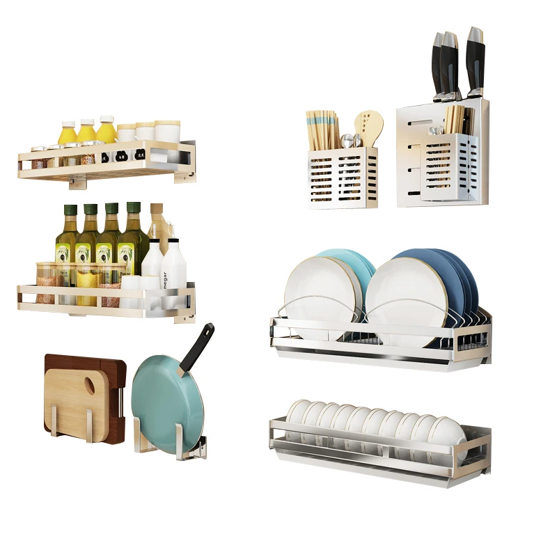 

Stainless Steel Kitchen Shelf Wall Hanging Vegetable Plate Dishes Rack Seasoning Rack Knife Rack Free Punching Storage Shelf