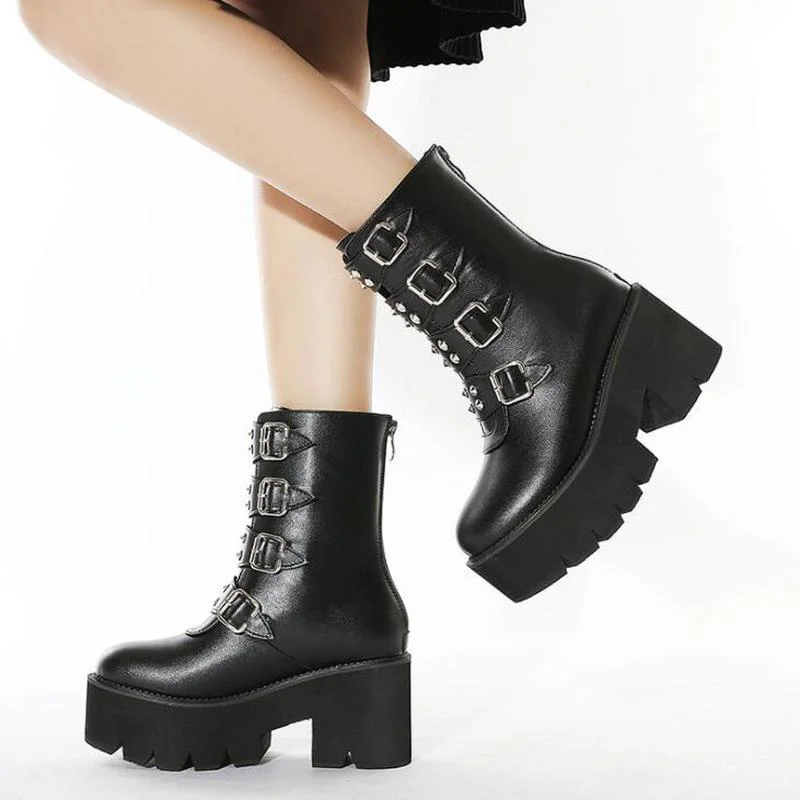 

Winter Gothic Punk Womens Platform Boots Black Buckle Strap Zipper Creeper Wedges Shoes Mid Calf snow Combat Boots big size