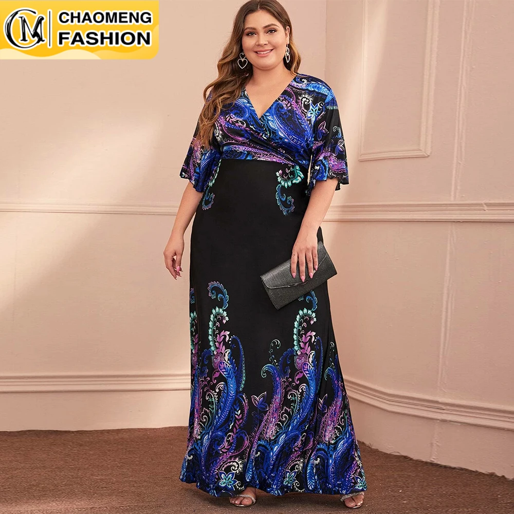 

New Fashion Printing V-Neck Mid-Sleeve Plus Size Women Dress America Europe Africa Bohemian Ladies Beach Femme Robe Vestidos