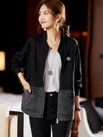 plus size autumn black grey jacket women denim patchwork pocket zipper outwear fashion o neck long sleeve loose female coat